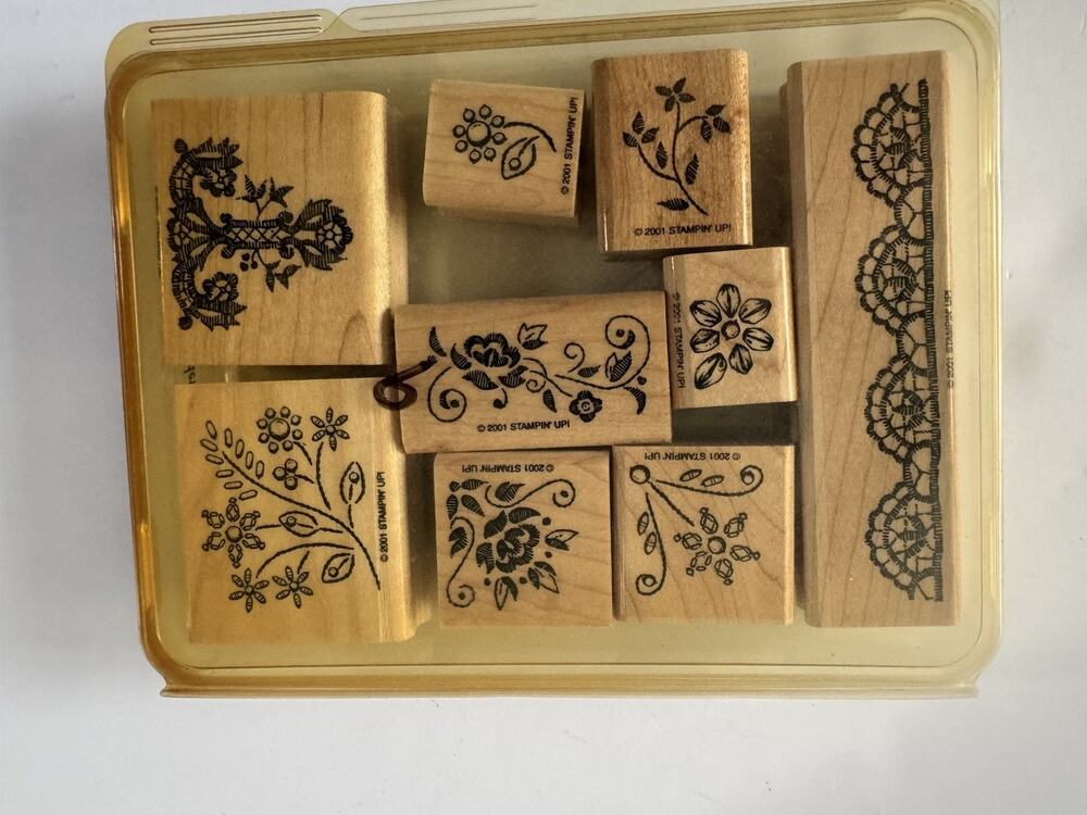 Stampin Up! 2001 Elegant Embroidery Rubber stamp Wood Vintage LOT #DR